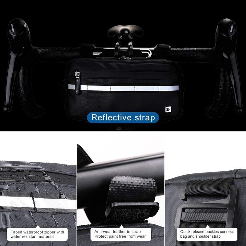 Rhinowalk Bike Bag, Bike Handlebar Bag, WaterproofBike Basket Bicycle Front Bag Shoulder Bag Waist Bag for Sport Bicycle Professional Cycling Accessorie-Black - Image 3